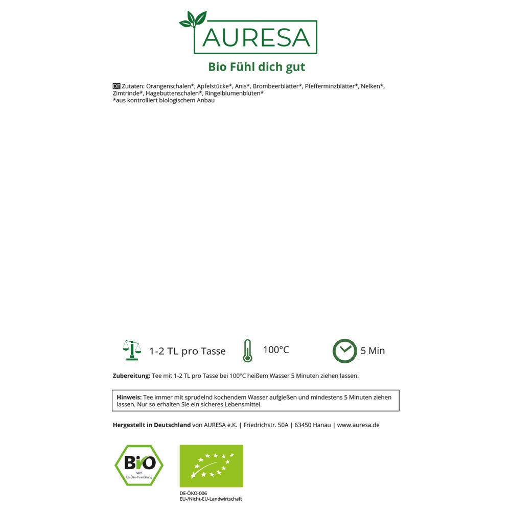AURESA Ayurveda Tee Bio Fühl dich gut | Gute Laune Kräutertee mit fruchtigen, würzigen und wärmenden Aromen | Tri-Dosha