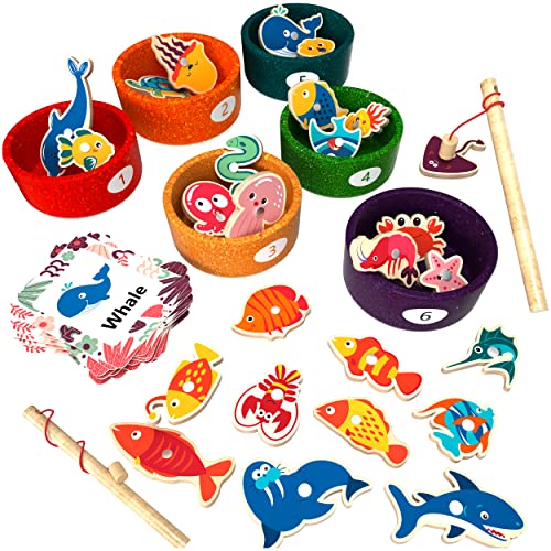 60 Pcs Montessori Toys Wooden Sorting Cup & Fishing Game - Fine Motor Skill Toy Abc Alphabet Color Sorting Puzzle - Magnetic Fishing Game, Ocean Animals Learning Toys For Toddlers And Kids Ages 3+ #TOP2