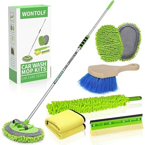 Wontolf 62'' Car Wash Brush with Long Handle Chenille Microfiber Car Wash Mop Mitt Wheel Brush Car Cleaning Kit Windshield Window Squeegee Microfiber Car Duster Dry Towels for Cars RV Truck Boat 10PCS Cover
