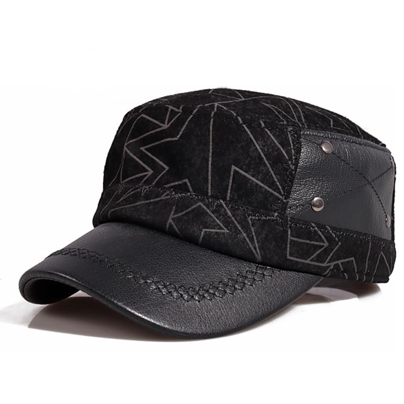 Berretti Piatti in Pelle Cappello Militare Militare Caldo Regolabile Uomo Gioventù Lingua D'Anatra Cappelli for papà Stampa Geometrica(Schwarz,XL 57 58cm)