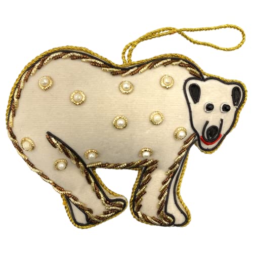 Zari - Adorno navideño de oso polar, bordado Zardozi, bolsa de regalo, fabricado en la India