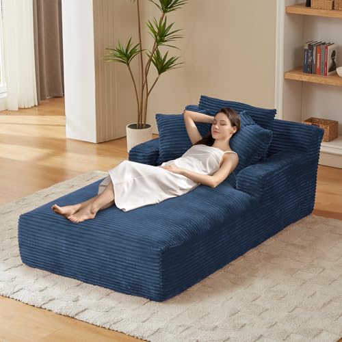 Image of 80 Inch Chaise Lounge Chair Indoor, Oversized Corduroy Upholstered Boneless Sofa Bed, Deep Seat Sleeper Couch Reading Chairs, Cloud Sofas Couches for Living Room, No Assembly Required (Blue)