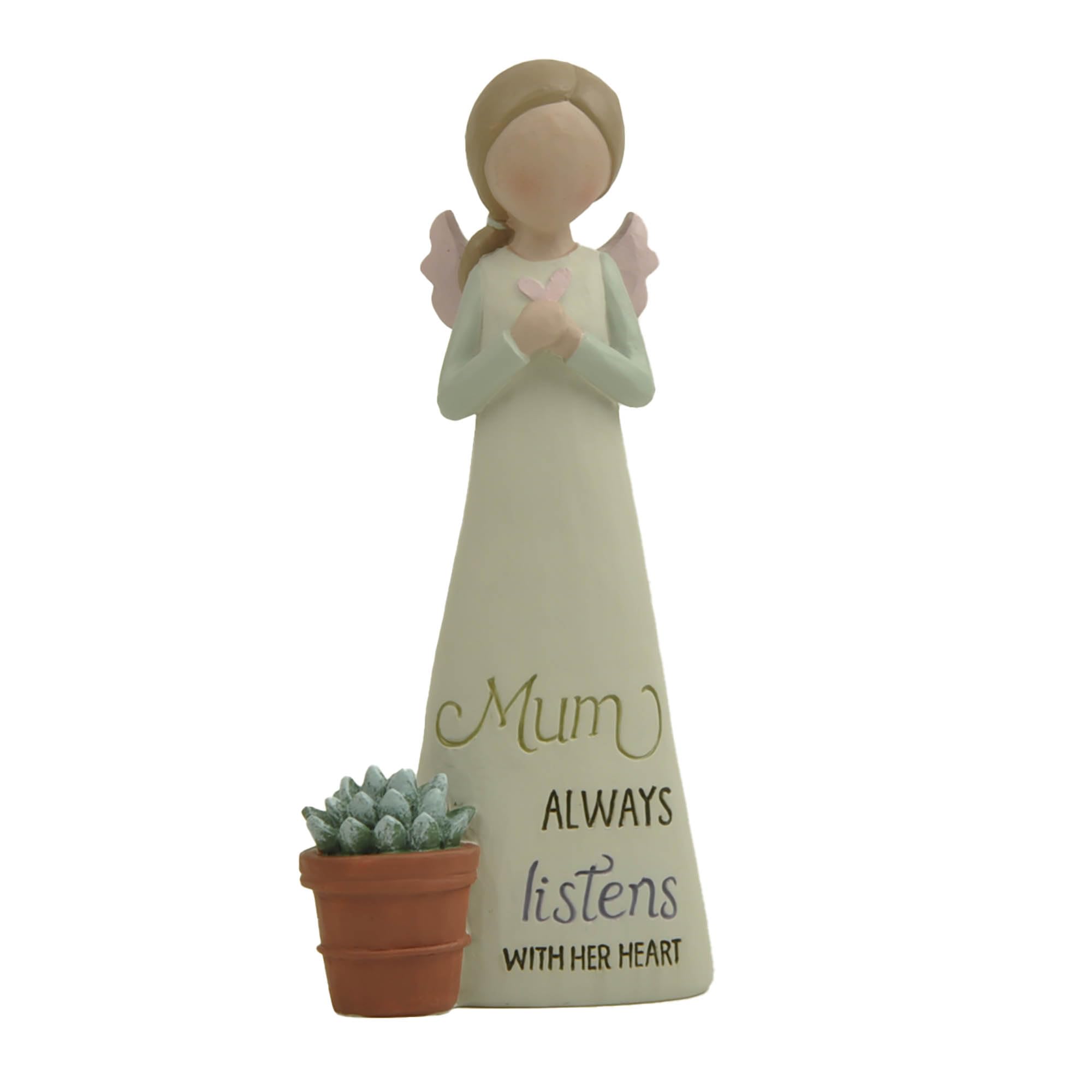 Feather & Grace Mum Angel Figurine – Handcrafted Resin Ornament with Heart & Succulent Pot, Sentimental Gift for Mum, 14cm Collectible Decoration