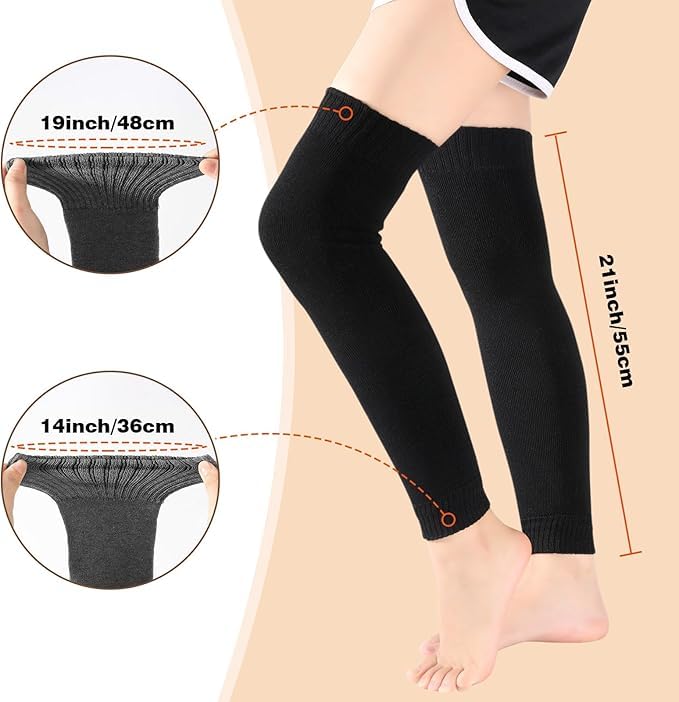 WKLOUYHE 2 Pairs Warm Leg Warmers, Women's Winter Over Knee High Footless Socks Knit Warm Long Winter Protector Knee Cap_Free Size,Black And Grey 1