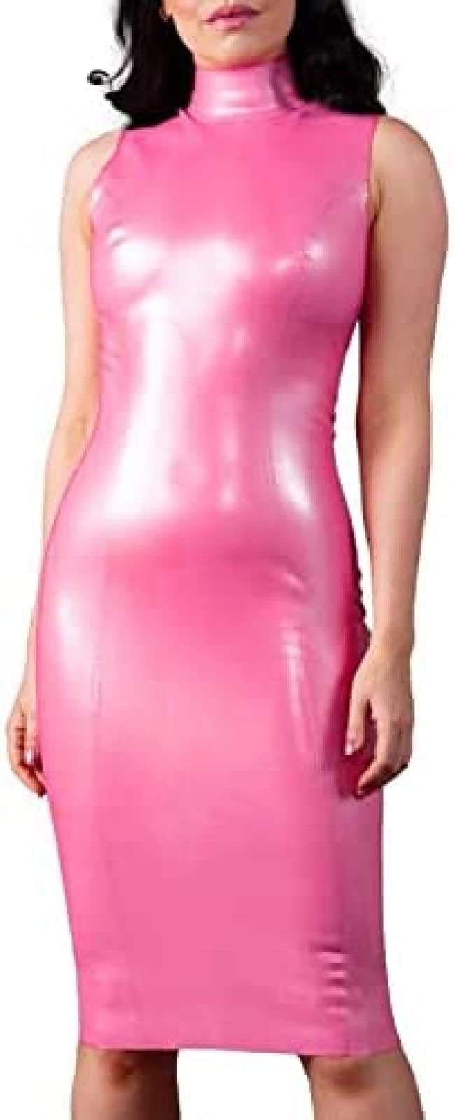 Sleeveless Pink Sexy Latex Dresses with Zip at Back Slit at Bottom High Collar Rubber Bodycon,As Shown,XS