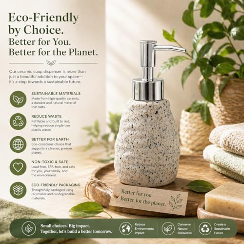 Image of Whizzo Premium Textured Ceramic Soap Dispenser for Bathroom & Kitchen | Refillable Lotion Dispenser with Chrome Pump | Modern Speckled Design | Durable, Stylish & Eco-Friendly (300ML, LD-214, White)