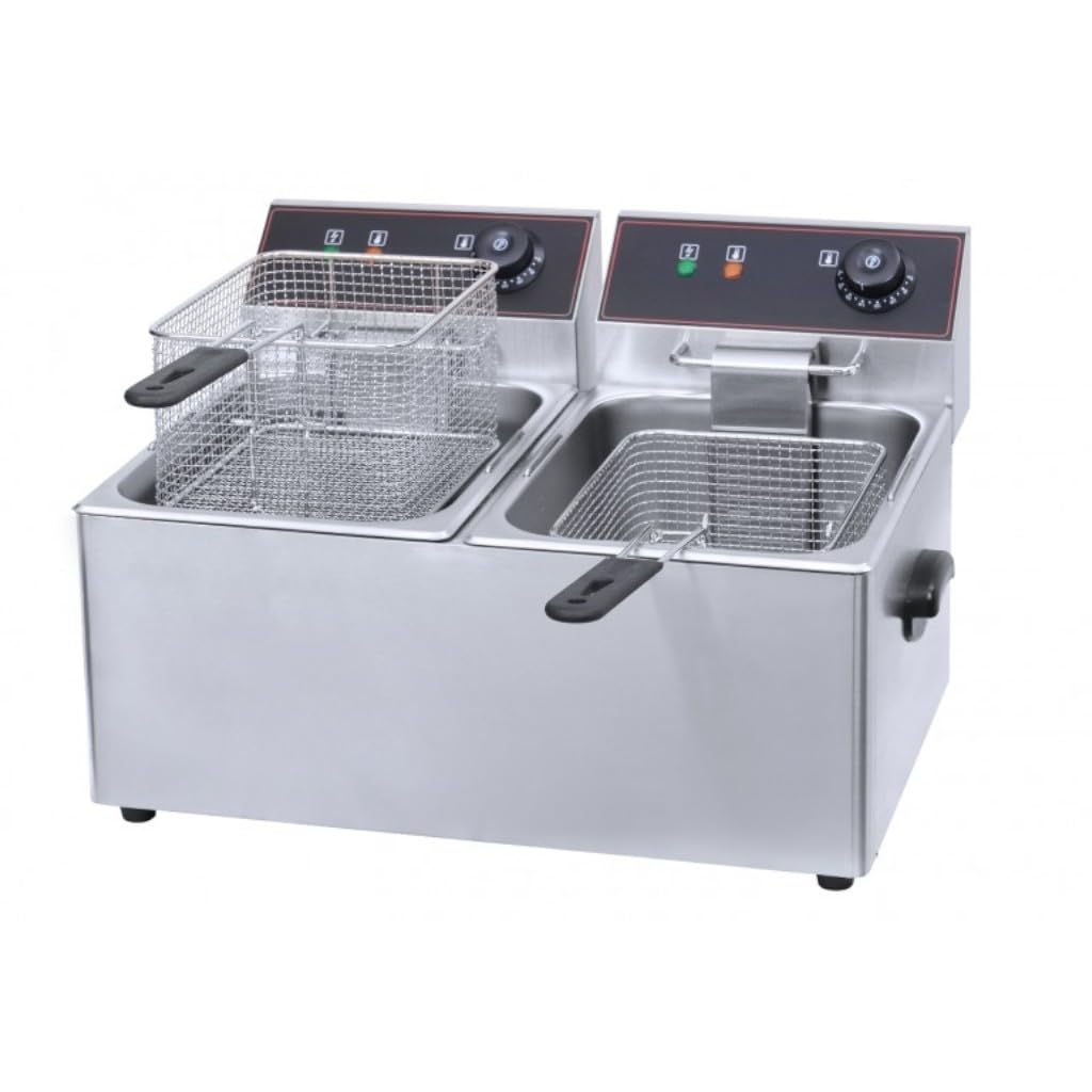 Friggitrice elettrica professionale doppia vasca da 2 x 6 l o 2 x 8 l – 5000 W – Termostato regolabile, serbatoi rimovibili – ideale per catering, snack, cibo camion (2 x 8 litri)
