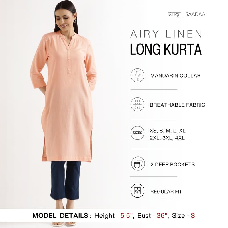 Image of SAADAA Women's Linen Straight Fit Straight Long Kurta Airy Plain Kurta, 3 /4 Sleeve, Knee Length Kurtis with Pockets, Casual and Office Wear