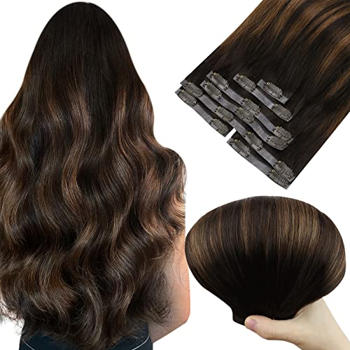 Clip in Hair Extensions Balayage 14 inch Brown Clip in Extensions Balayage Hair Extensions Clip in Human Hair Dark Brown Mix Medium Brown Seamless 7pcs 140g