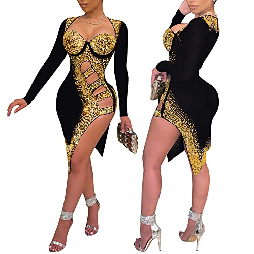 Image of PORRCEY Women's Sexy Elegant Rhinestone Mesh Party Club Night Mini Dress