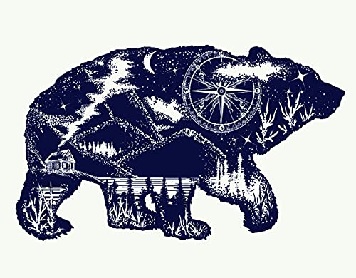 CANCAKA DIY 5D Diamond Painting by Number Kits,Grizzly Bear Double Exposure Tattoo Art Tourism Symbol,Adventure,Great Outdoor,Arts for Adults Full Drill Canvas Picture for Home Wall Decor 12x16inch