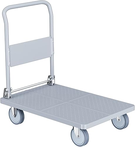 Carrito de mano con plataforma plegable y móvil con ruedas giratorias de 360 grados, capacidad de peso de 660 libras para carga, color plateado