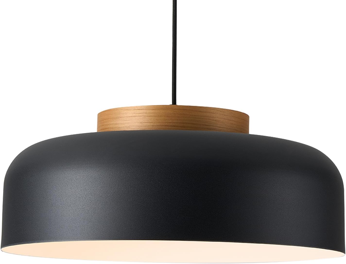 Modern Large Pendant Light Fixture, 17.7 inch,Natural Wood Cap, Matte Black Finish, Simple Pendant Lighting for Kitchen Island, Dining Room, Table