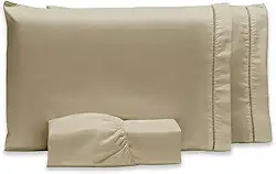 Lençol Queen com Elástico e Fronhas Com Ponto Palito 3 Peças Tecido Aveludado Toque Macio Tecido Grosso resistente Produto Durável (Avelã, Queen)