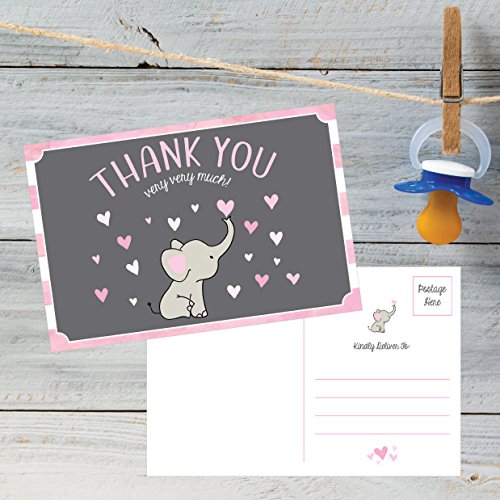 50-4x6-Elephant-Girl-Baby-Shower-Thank-You-Postcards-Bulk-Beautiful-Pink-Modern-Cute-Boho-Blank-Thanks-Note-Card-Stationery-Appreciation-Set