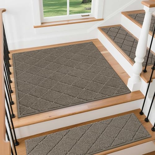 Image of COSY HOMEER Stair Landing Rugs Non-Slip Corner Indoor Edging Stair Treads for Wooden Steps,Washable Soft Stair Landing Mat for Kids,Elder and Dogs,Polyester,TPE Backing,Light Brown,30x30inch