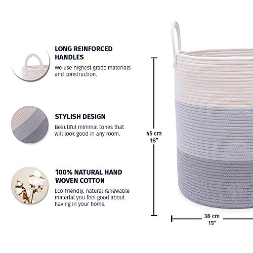 Image of OrganiHaus Tall Cotton Rope Laundry Basket & Hamper, Blanket Storage 52L | 3-Toned Gray - Tall Cotton Rope Hamper, 52L