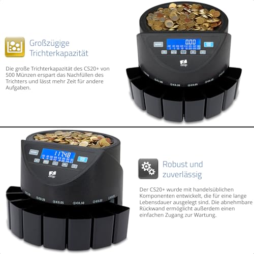 ZZap CS20+ Automatischer EURO Münzzähler & -sortierer - Geldzählmaschine Münzzählautomat Geldzähler