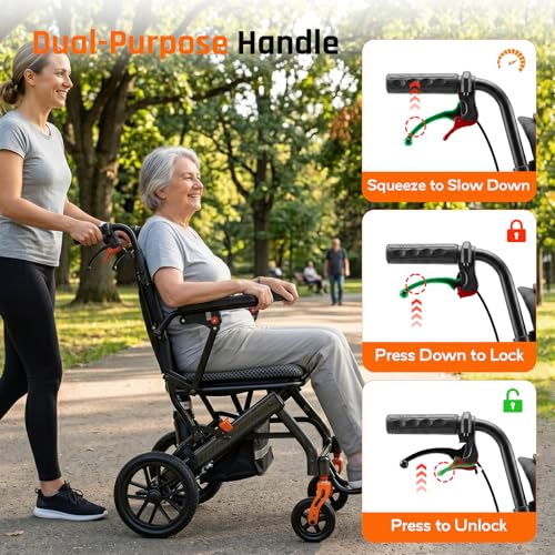 Image of SOFTFISH Transport Wheelchair for Adults with Pull Rod & Multi Shock-Absorbing, Portable Transport Wheelchairs with Foldable Footrest and Armrests, 10 inch PU Tires Wheelchair for Travel & Daily Use