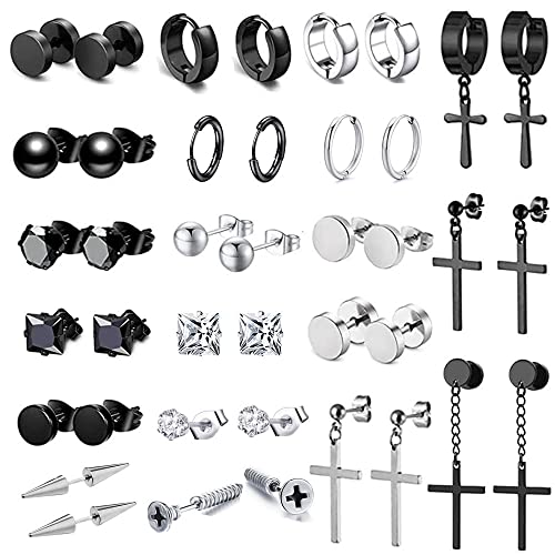 20 Pairs Stainless Steel Stud Earrings Set for Women Men Black Silvery Round Disc Ball Square Cubic Zircon Studs Dangle Earrings Fashion Small Huggie Hoops Jewelry