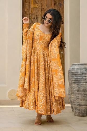 Image of Pinkmint Women's Bandhani Print Flared Anarkali Muslin Kurta Set with Pant & Stylish Dupatta Ethnic Long Sleeve Dress Suit Set|Regular Fit