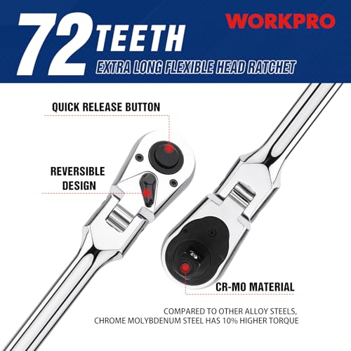 Image of WORKPRO 1 /2 inch Drive Extra Long Flex Head Ratchet, 24 Inch Long CR-V Steel Ratchet Handle with Chromium Plating, CR-MO Head, Quick Release Reversible Design, 72-Tooth