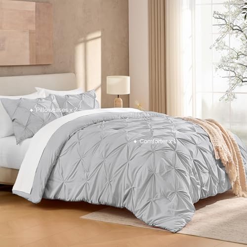 Image of Andency Oversized King Pinch Pleat Comforter Set (120 inchx98 inch),3 Piece Lightweight Pintuck Bedding Comforters & Sets, Fluffy Down Alternative Comforter with 2 Pillow Shams for All Season,Light Gray