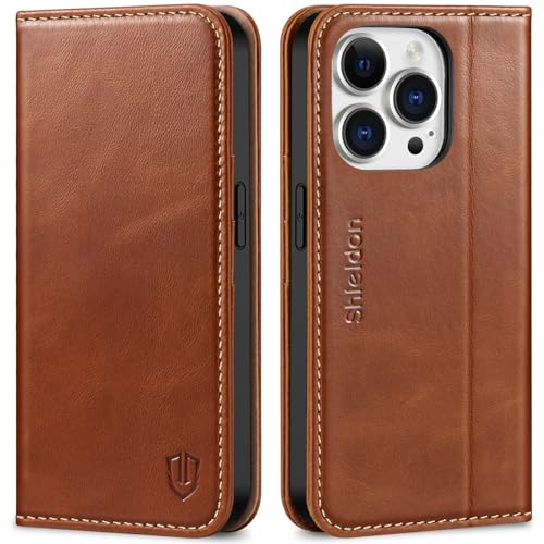 SHIELDON Case for iPhone 14 Pro 5G 2022, Genuine Leather Wallet Case with Kickstand RFID Blocking Card Holder Magnetic Shock Absorbing Cover Compatible with iPhone 14 Pro 6.1