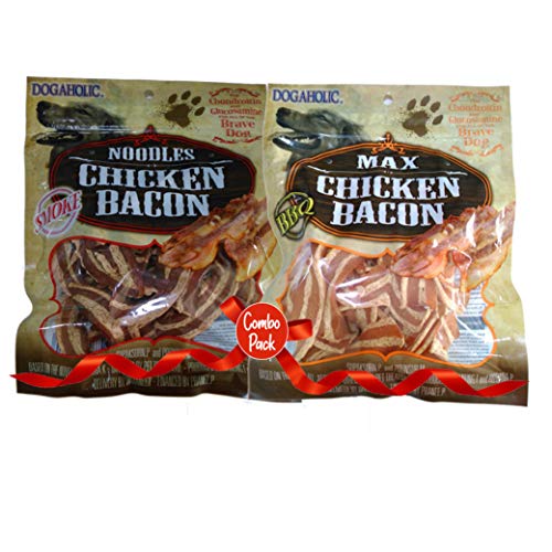 Image of Dogaholic Snacks Combo Pack for Dogs Treats with Smoked Noodles and Chicken Bacon Strips, Low Fat Easy to Digest Natural Dog Treats with Vitamin E for Training Rewarding All Breeds 260g