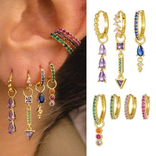 7pcs Gold Hoop Earrings Set 18K Gold Colorful Huggie Hoop Hypoallergenic Multiple Piercing Dangle Drop Stud Statement Earrings for Women Jewelry Gift3