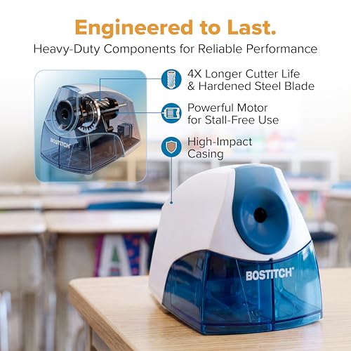 Image of Bostitch Office Electric Pencil Sharpener for Classroom & Desk Use, Heavy-Duty Stall-Free Motor, High-Capacity Shavings Tray, Blue