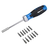 Amazon Basics 12 Piece Ratcheting Magnetic Screwdriver Set with Multiple Bits, Black, Blue, Silver