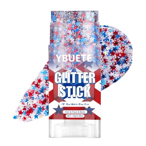 YBUETE Red White Blue Star Face Body Glitter Stick 4th of July Glitter Patriotic Makeup USA Flag Accessory for Independence Day Memorial Day Veterans Day Sparkling Makeup for Adult
