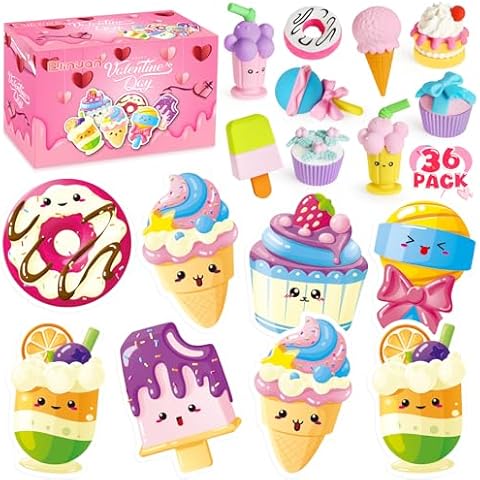 Valentines Day Gifts for Kids, 36 Pack Valentines Cards for Kids Classroom with Mini Desserts Erasers Bulk, Valentine Exchange Gift for Boys Girls Toddlers School Class Game Prizes Cover