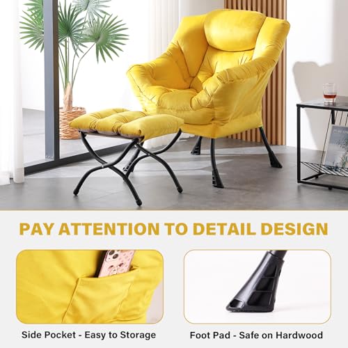 Image of Tiita Lazy Chair with Ottoman, Yellow Modern Large Accent Armchair, Comfy Leisure Sofa Reading Chair with Footrest for Bedroom, Living Room, Dorm Rooms, Garden, Velvet Yellow