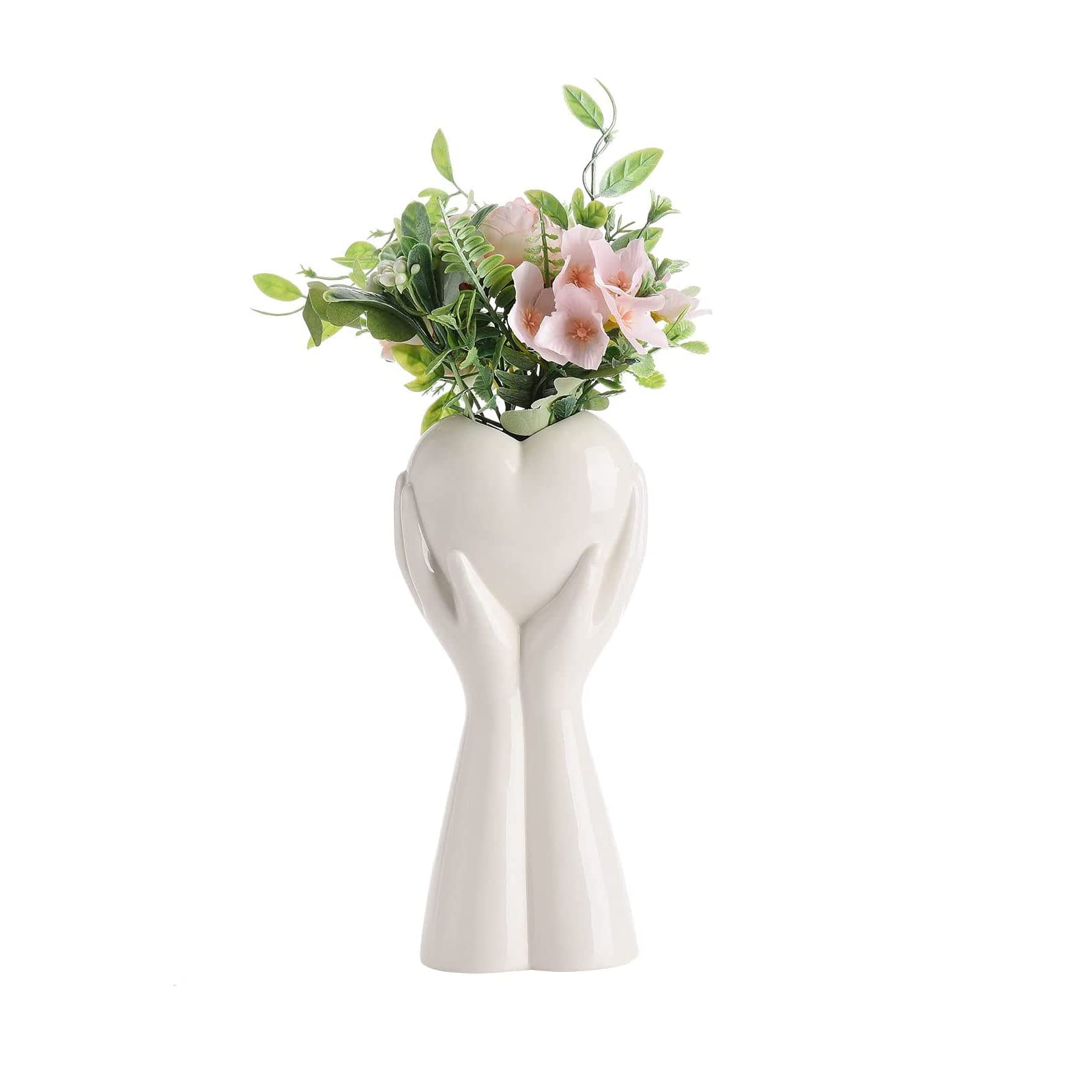 Human Face Art Ceramic Vase Dry Flower Ceramic Arrangement Vase for Decorative, Modern Sculpture Planter Pot Table Centerpieces Wedding Office Kitchen Home Decor (S,White Heart)