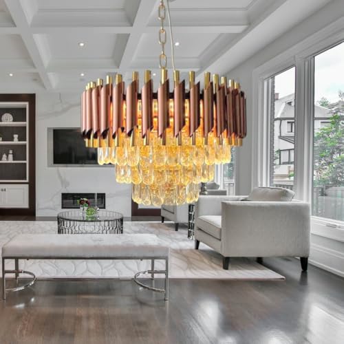 Image of Modern Ceiling Lamp 3-Tier Round Crystal Chandelier for Living Room | Modern Ceiling Light Jhumar for Hall for Home Decoration + 3 Color LED Light (Brown Gold, 400MM)