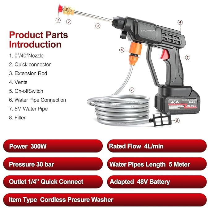 Image of Car Washer High Pressure Gun Rechargeable 48V Cordless Portable Wireless Pressure Washer Gun | Cleaning Machine for Car Double Battery