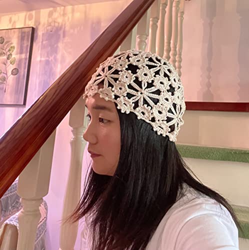 Gorro tejido artesanal floral para mujer color beige miniatura 2