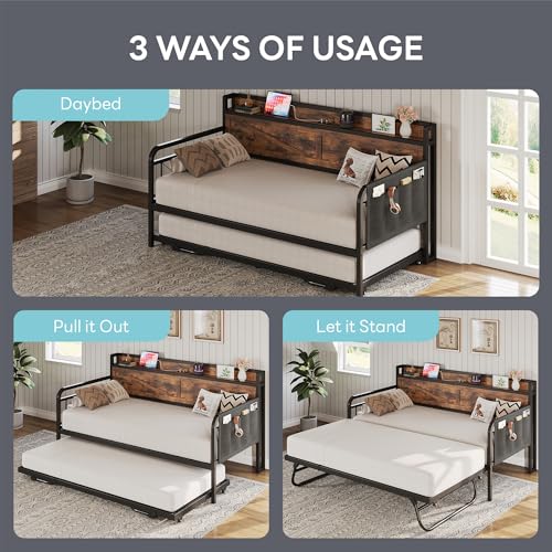 Image of LIKIMIO Twin Daybed with Pop Up Trundle & Charging Station & Storage Shelf | Pop Up Trundle with Smooth Wheels, Strong Supports for Apartment and Small Space, Industrial Brown