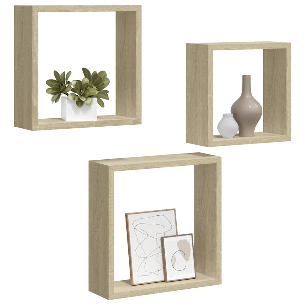 Set di 3 mensole da parete a forma di cubo, in MDF, rovere Sonoma