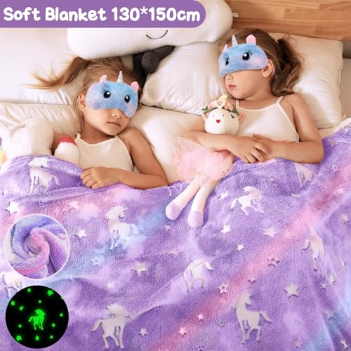 Tacobear Einhorn Geschenke für Mädchen 5 6 7 8 9 10 11 Jahren Einhorn Kuscheldecke Leuchtend Kissenbezug Edelstahl Thermosflaschen 500ml Badebomben Umhängetasche Augenmaske Geburtstag Geschenk Mädchen