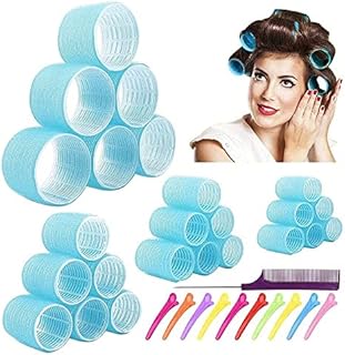 Jumbo Hair Rollers Set Hair Rollers Self Grip Curlers For Long Hair No Heat Curlers Heatless Hair Rollers With Clips & Comb 24 Packs (Blue 24Pcs)