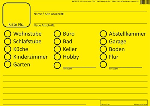 INDIGOS UG® - Umzugsetiketten 100 Stück GELB - ideall zum Beschriften beim Umzug für Möbel und Kisten - Aufkleber DIN A6