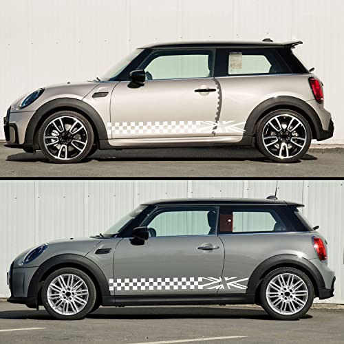 Image of 2Pcs 78.7'' Universal Racing Checkered Flag Graphic Car Body Side Sticker Self-Adhesive Side Strip Decal Lattice Grid Stripe Stickers Decoration for Mini Cooper Truck SUV Vehicles (A, White)