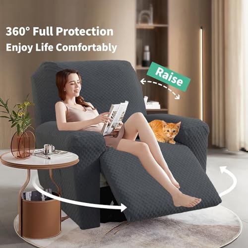 Image of YEMYHOM 4 Pieces Oversized Stretch Recliner Slipcover Jacquard Large Recliner Chair Cover with Side Pocket Anti-Slip Fitted Furniture Protector with Elastic Bottom (X-Large Recliner, Dark Gray)