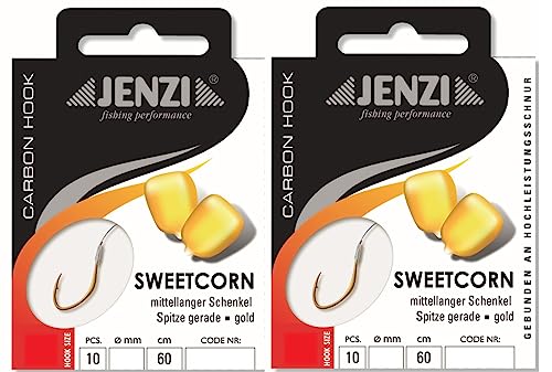 Set: 2 packs of tied corn hooks carp by Jenzi, all-round hooks, (20 pieces) on mono line 60 cm, hook size 6, 8, 10