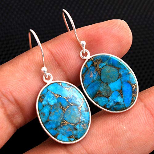 Turquoise Gemstone Sterling Silver Dangle Earrings for Women and Girls, Bezel Set Ear-Wire Earrings, Blue Copper Turquoise Bridesmaid Earrings