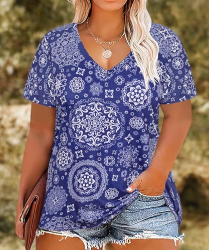 Image of RITERA Women Plus Size Tops Tie Dye V Neck Shirt Floral Camo Summer Short Sleeve Tunic Oversized Ladies Blouse XL-5XL