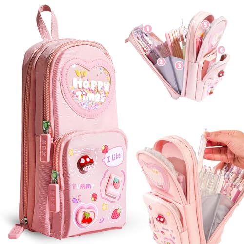 Image of Canvas School Bag Pencil Case, 3 Layer 6 Compartment Large Capacity, Aesthetic Pencil Pouch for Stationary, Cute Stationery for Kids, Pencil Case for Girls & Boys (Happy TIME Pink)